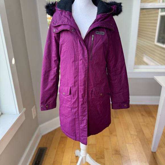 Columbia Purple Black Faux Fur Hooded Anorak Parka Winter Jacket Size Small - Picture 14 of 15